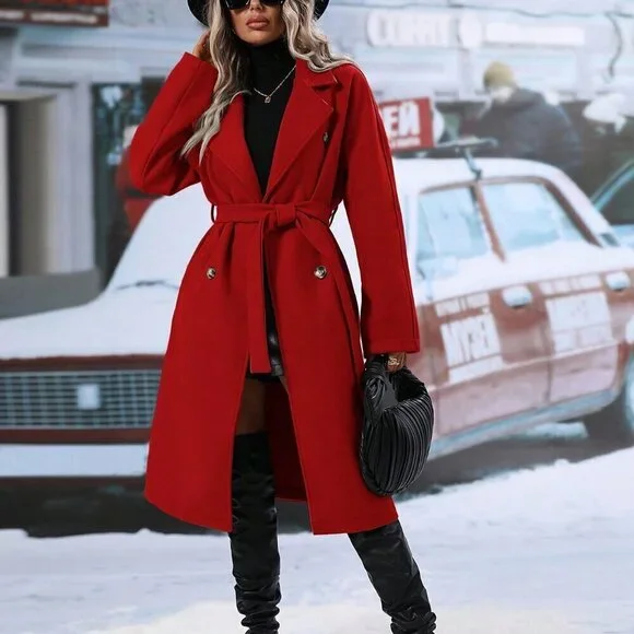 Casual Women's Double Breasted  Lapel Neck Belted jacket Overcoat RED - Picture 6 of 6